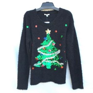 KELA Black Fuzzy Christmas Tree Sweater WOMENS SMALL Super Soft Tinsel Sequins